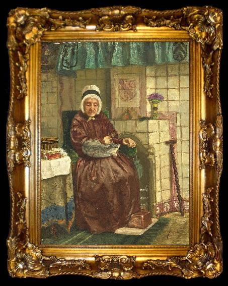framed  August Allebe Old woman by a hearth, ta009-2